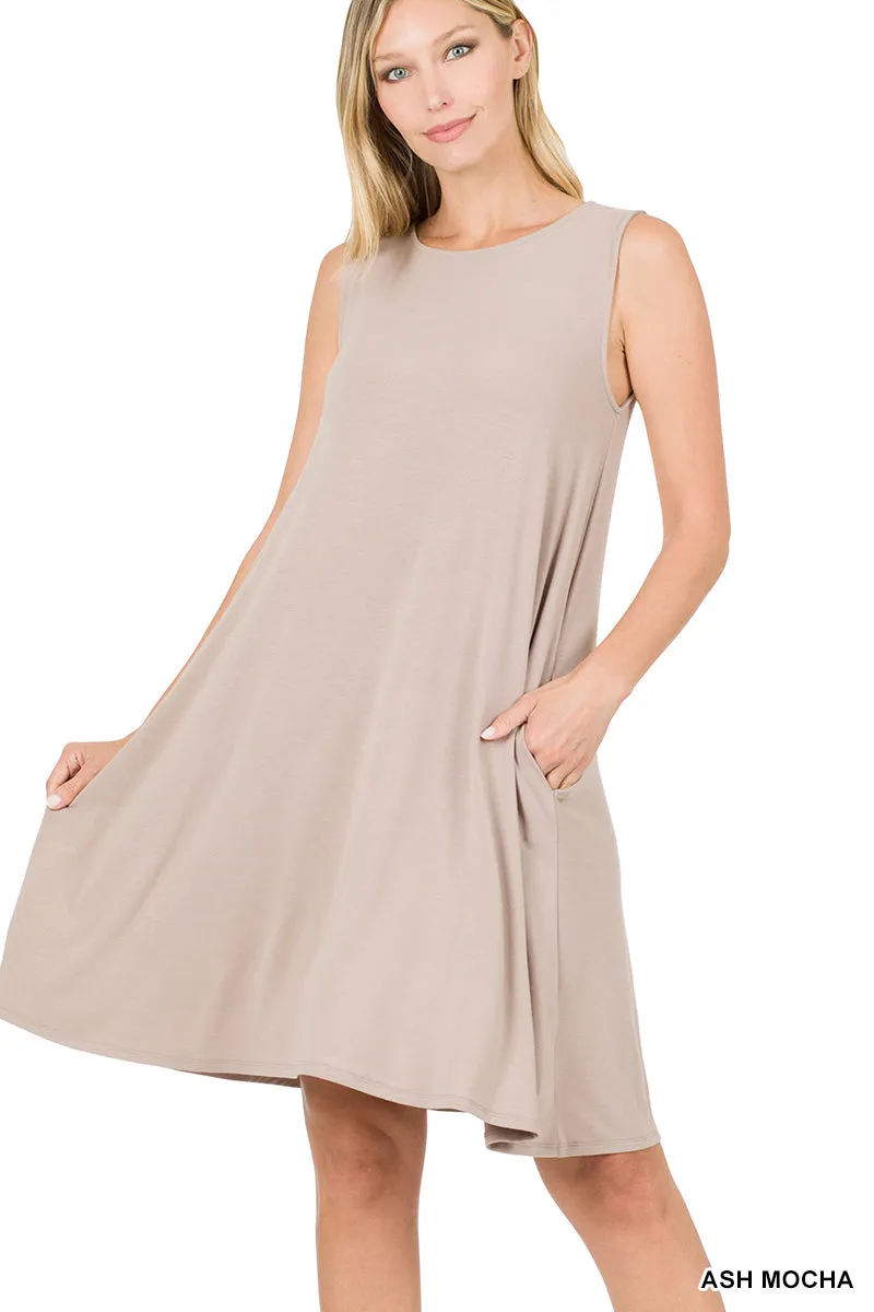Women Sleeveless Jersey Flared Swing Tank Dress with Side Pockets