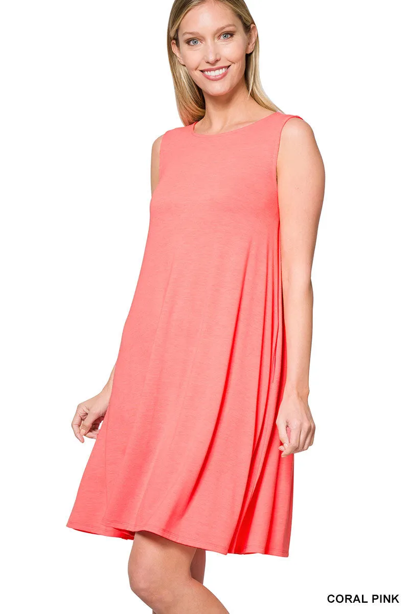 Women Sleeveless Jersey Flared Swing Tank Dress with Side Pockets