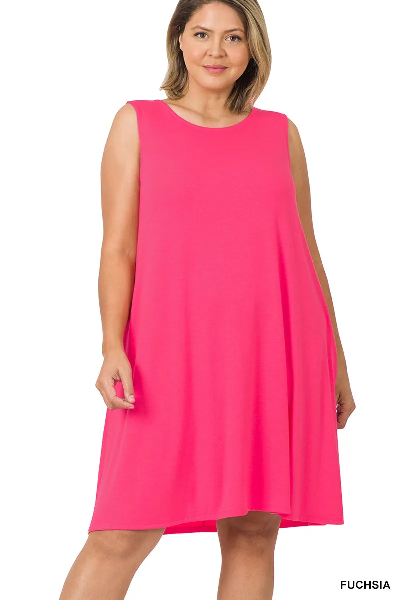 Women Sleeveless Jersey Flared Swing Tank Dress with Side Pockets