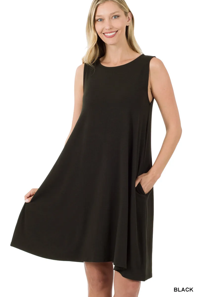 Women Sleeveless Jersey Flared Swing Tank Dress with Side Pockets