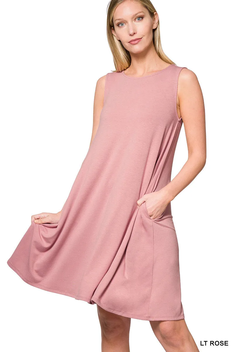 Women Sleeveless Jersey Flared Swing Tank Dress with Side Pockets