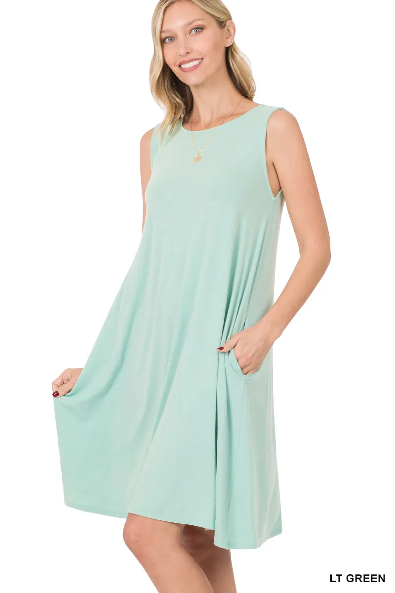 Women Sleeveless Jersey Flared Swing Tank Dress with Side Pockets