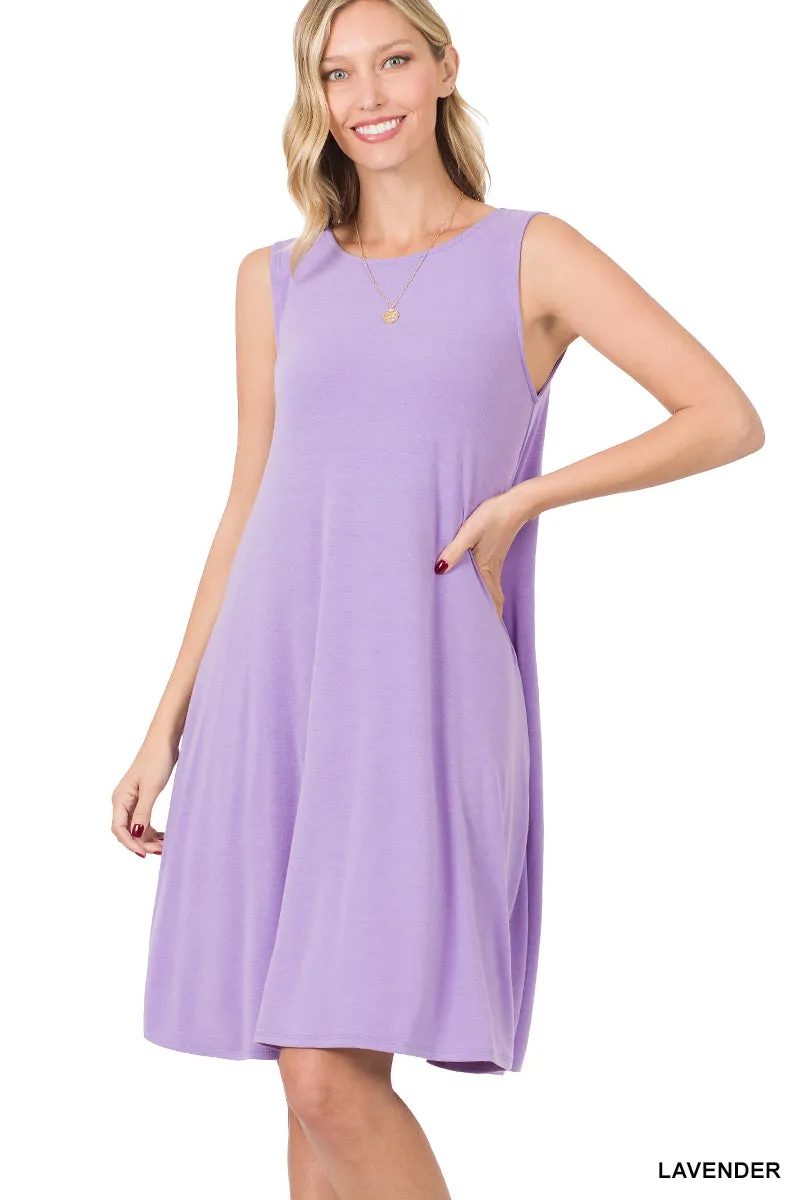 Women Sleeveless Jersey Flared Swing Tank Dress with Side Pockets