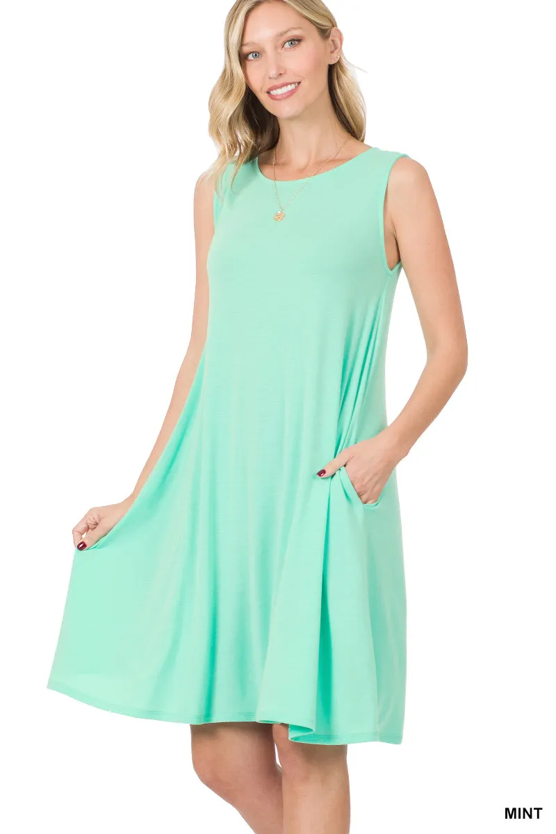 Women Sleeveless Jersey Flared Swing Tank Dress with Side Pockets