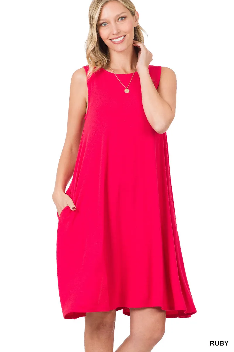 Women Sleeveless Jersey Flared Swing Tank Dress with Side Pockets