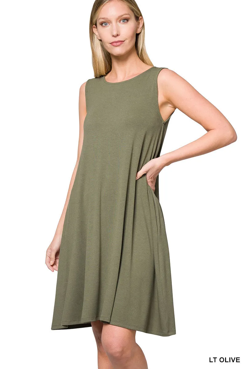 Women Sleeveless Jersey Flared Swing Tank Dress with Side Pockets