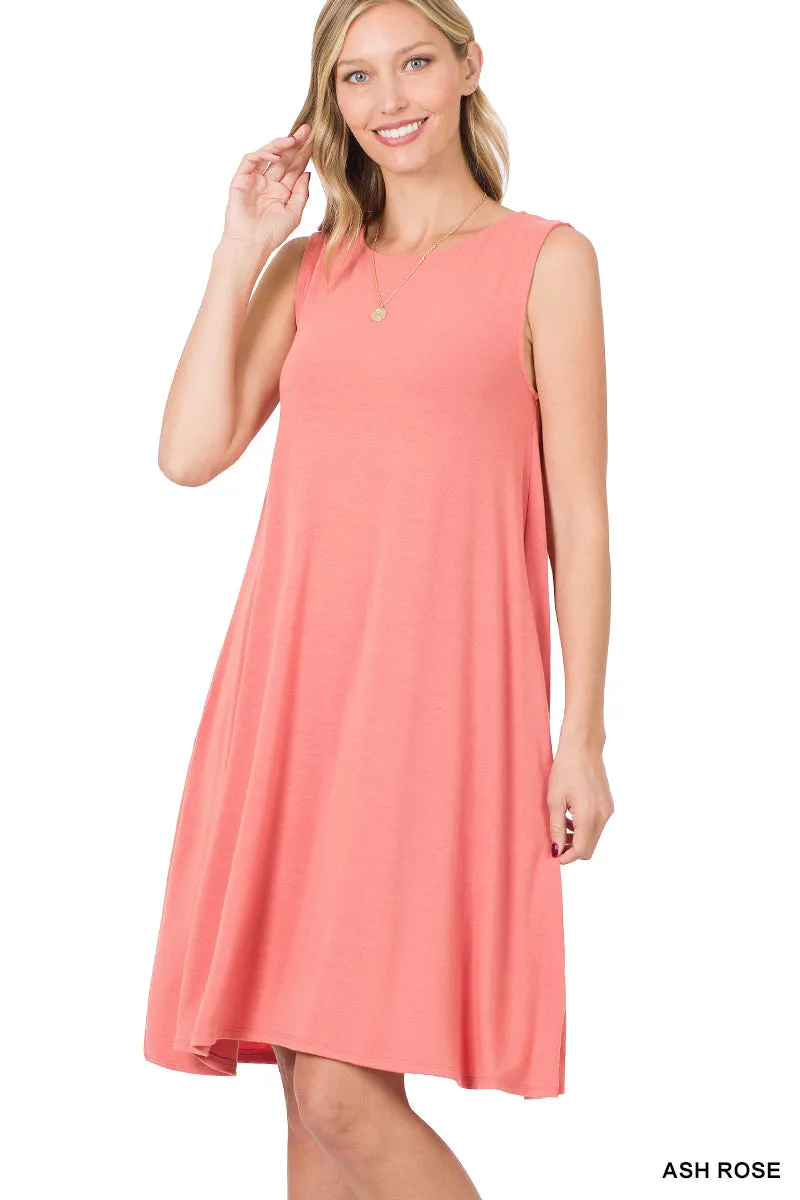 Women Sleeveless Jersey Flared Swing Tank Dress with Side Pockets