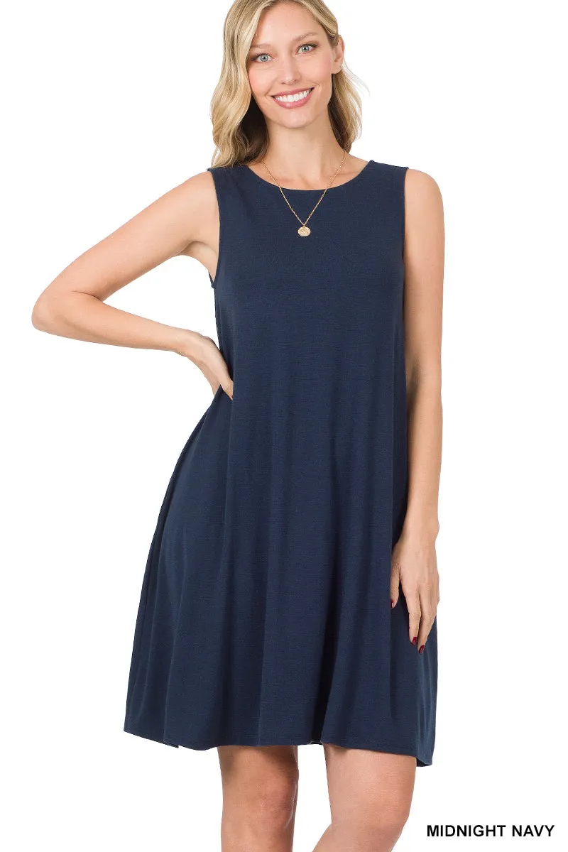 Women Sleeveless Jersey Flared Swing Tank Dress with Side Pockets