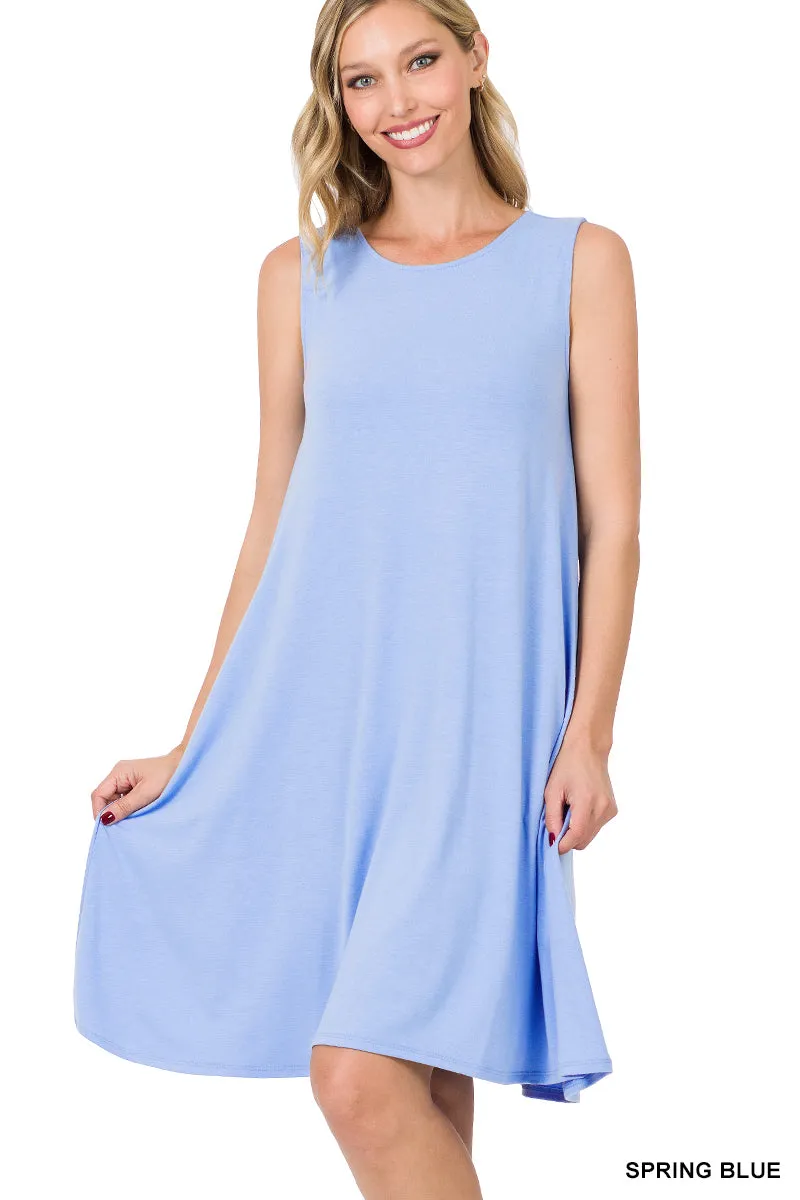 Women Sleeveless Jersey Flared Swing Tank Dress with Side Pockets