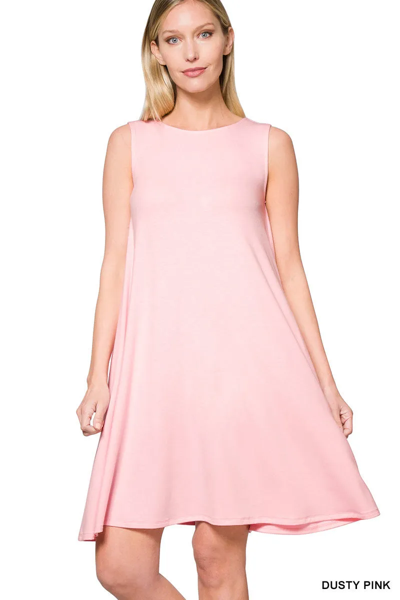 Women Sleeveless Jersey Flared Swing Tank Dress with Side Pockets