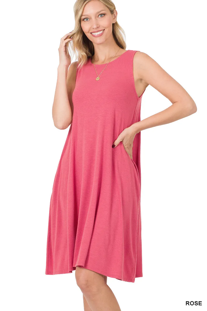 Women Sleeveless Jersey Flared Swing Tank Dress with Side Pockets