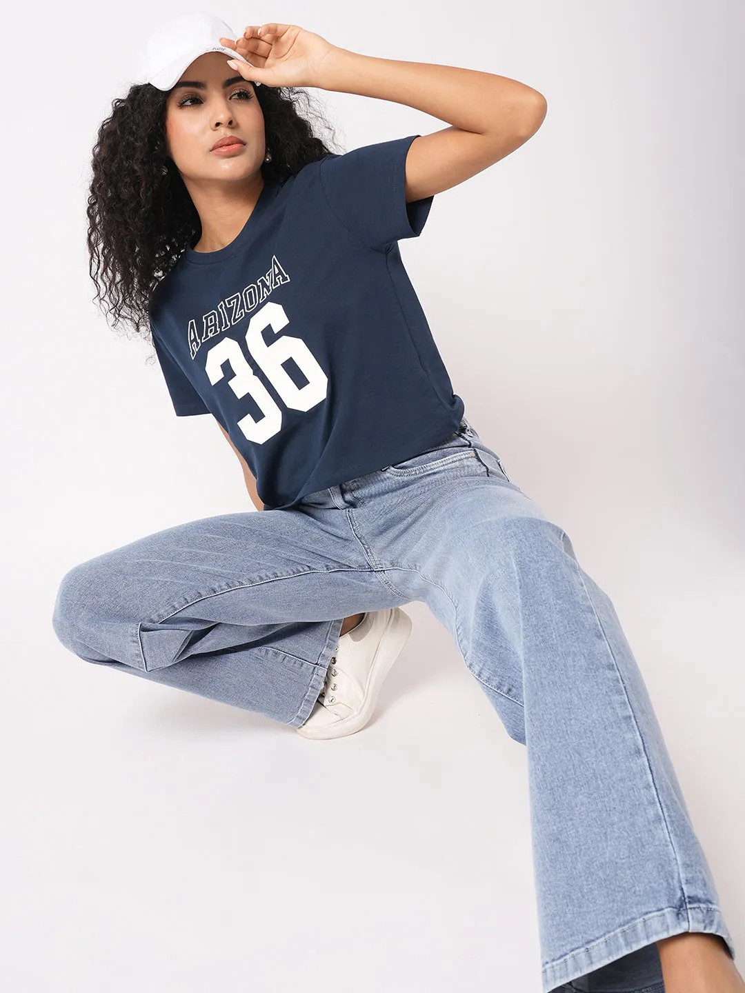 Women Slim Fit Airforce Crop T-Shirt Chest Print
