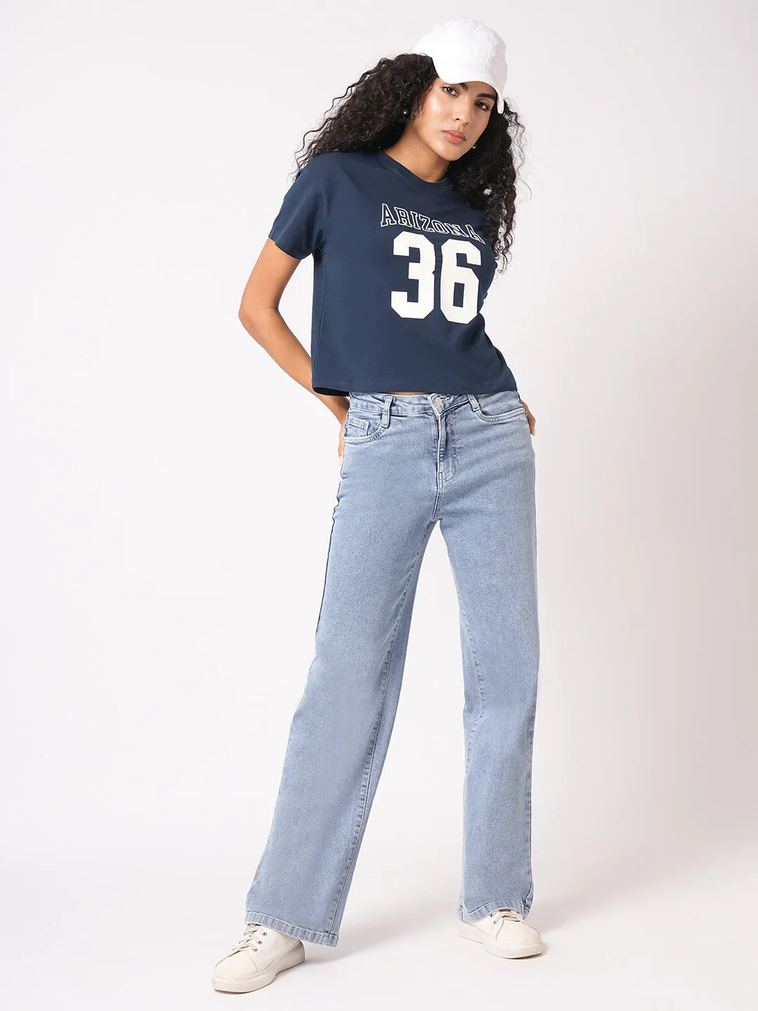 Women Slim Fit Airforce Crop T-Shirt Chest Print