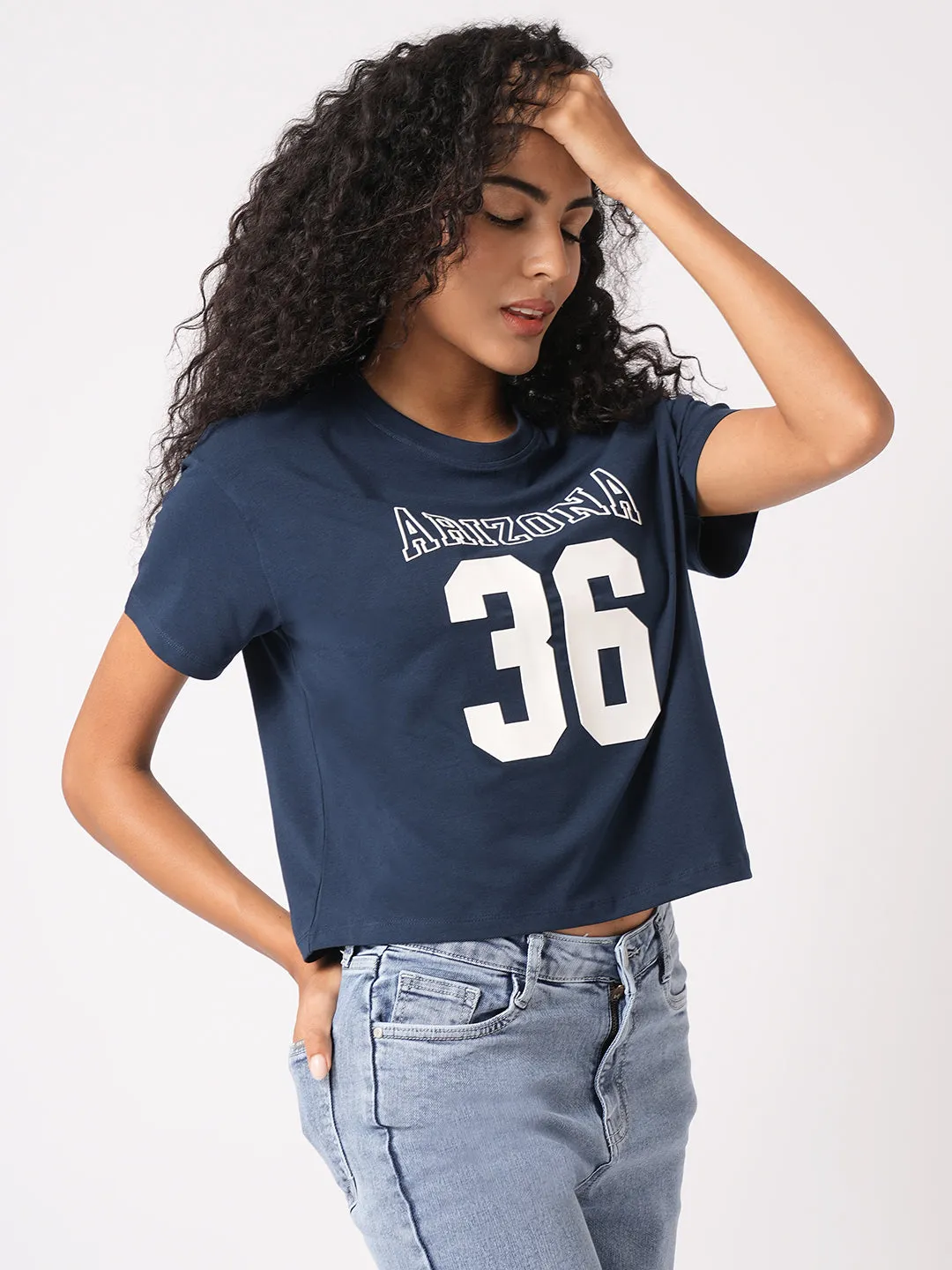 Women Slim Fit Airforce Crop T-Shirt Chest Print