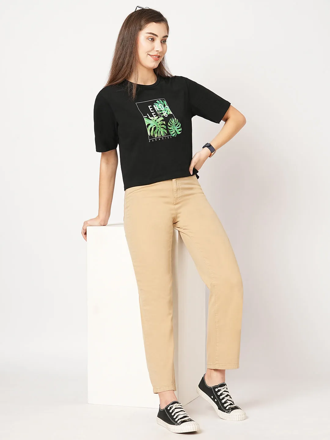 Women Slim Fit Black Crop Chest Print T-Shirt