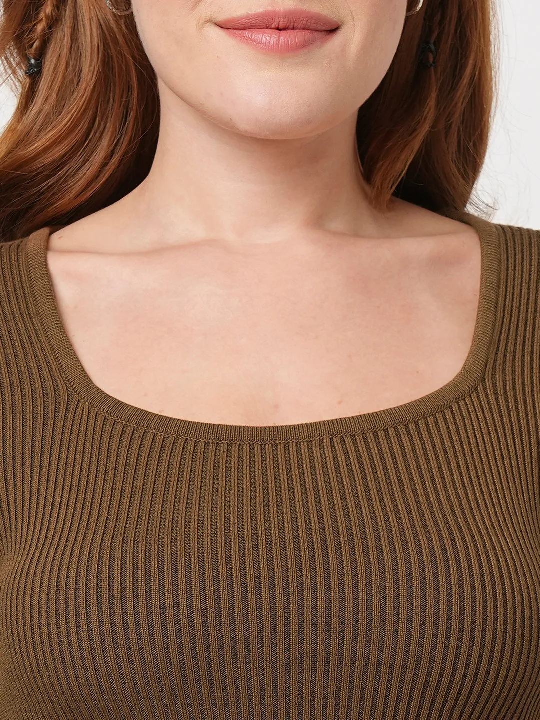 Women Slim Fit Dark Sepia Crop T-Shirt