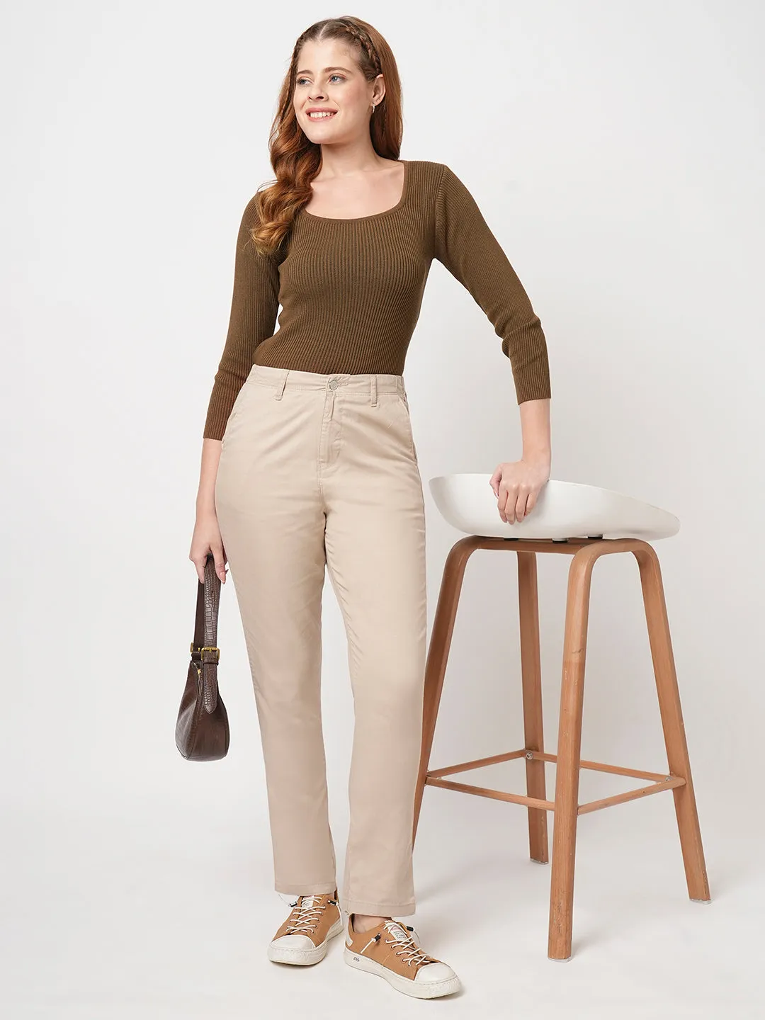 Women Slim Fit Dark Sepia Crop T-Shirt