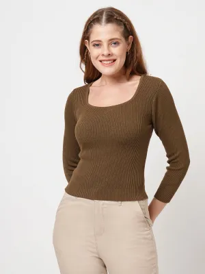 Women Slim Fit Dark Sepia Crop T-Shirt