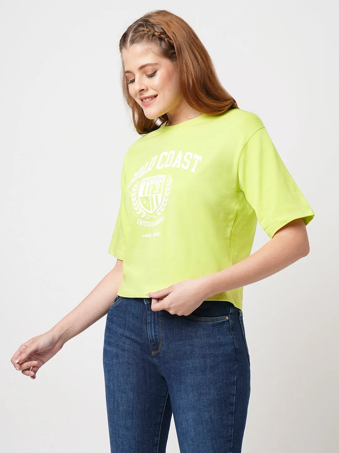 Women Slim Fit Lime Crop T-Shirt Chest Print