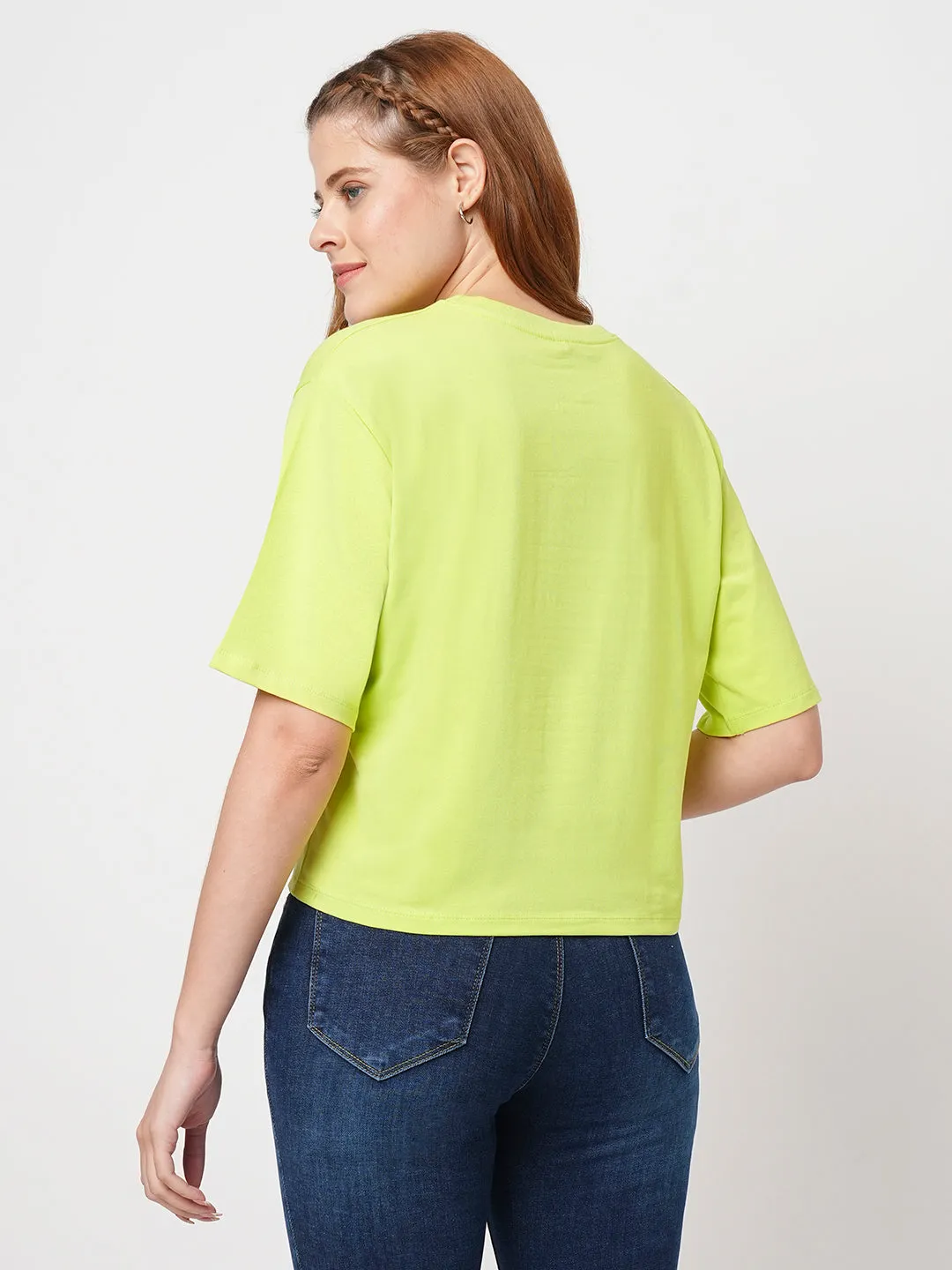 Women Slim Fit Lime Crop T-Shirt Chest Print