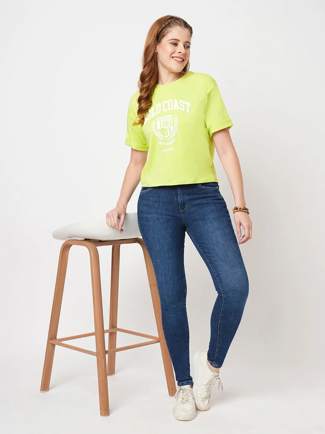 Women Slim Fit Lime Crop T-Shirt Chest Print