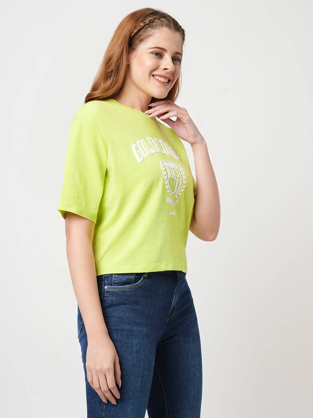 Women Slim Fit Lime Crop T-Shirt Chest Print