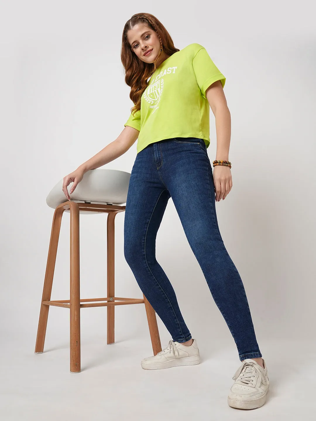 Women Slim Fit Lime Crop T-Shirt Chest Print