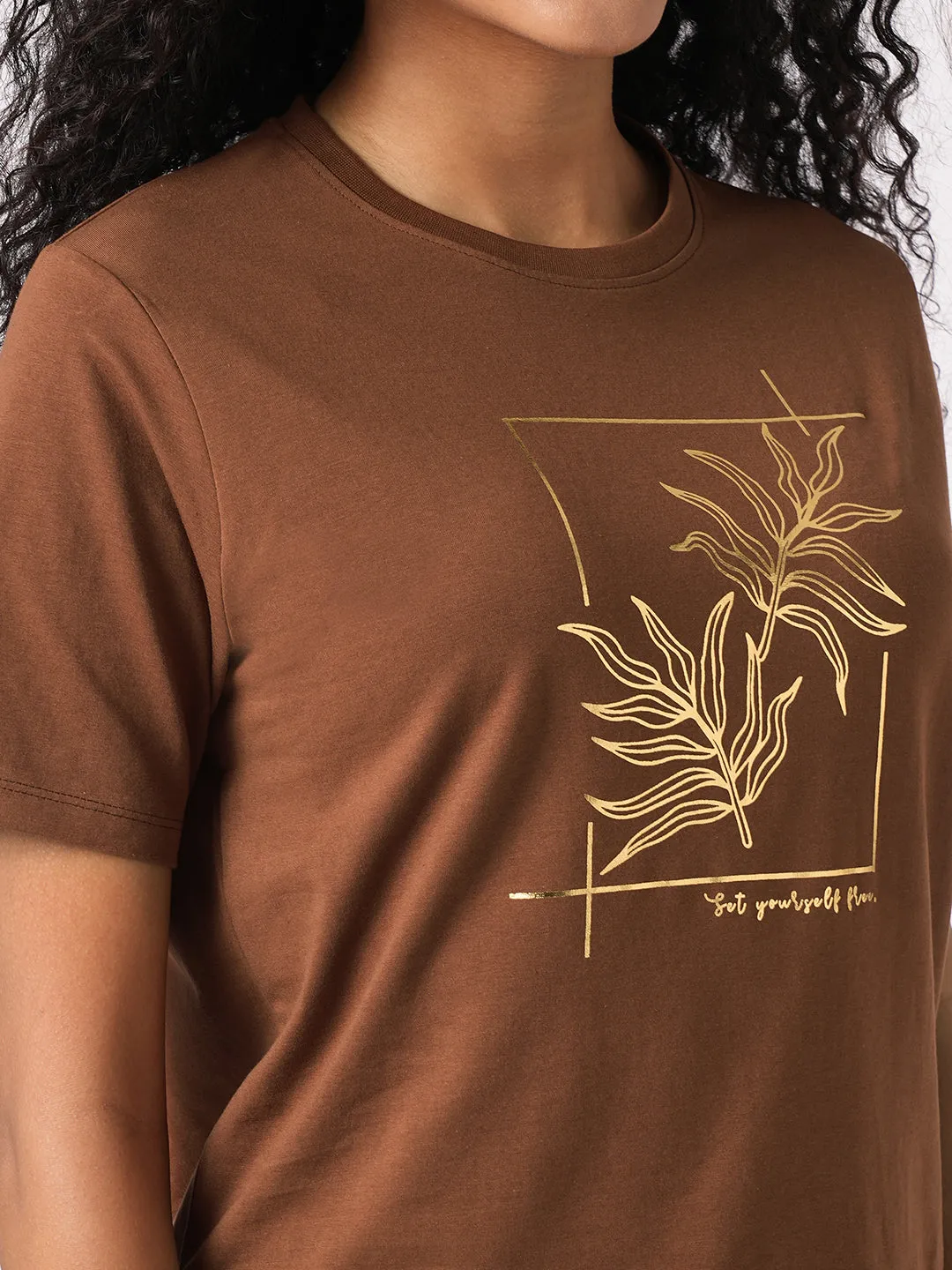 Women Slim Fit Sepia Boxy T-Shirt Chest Print