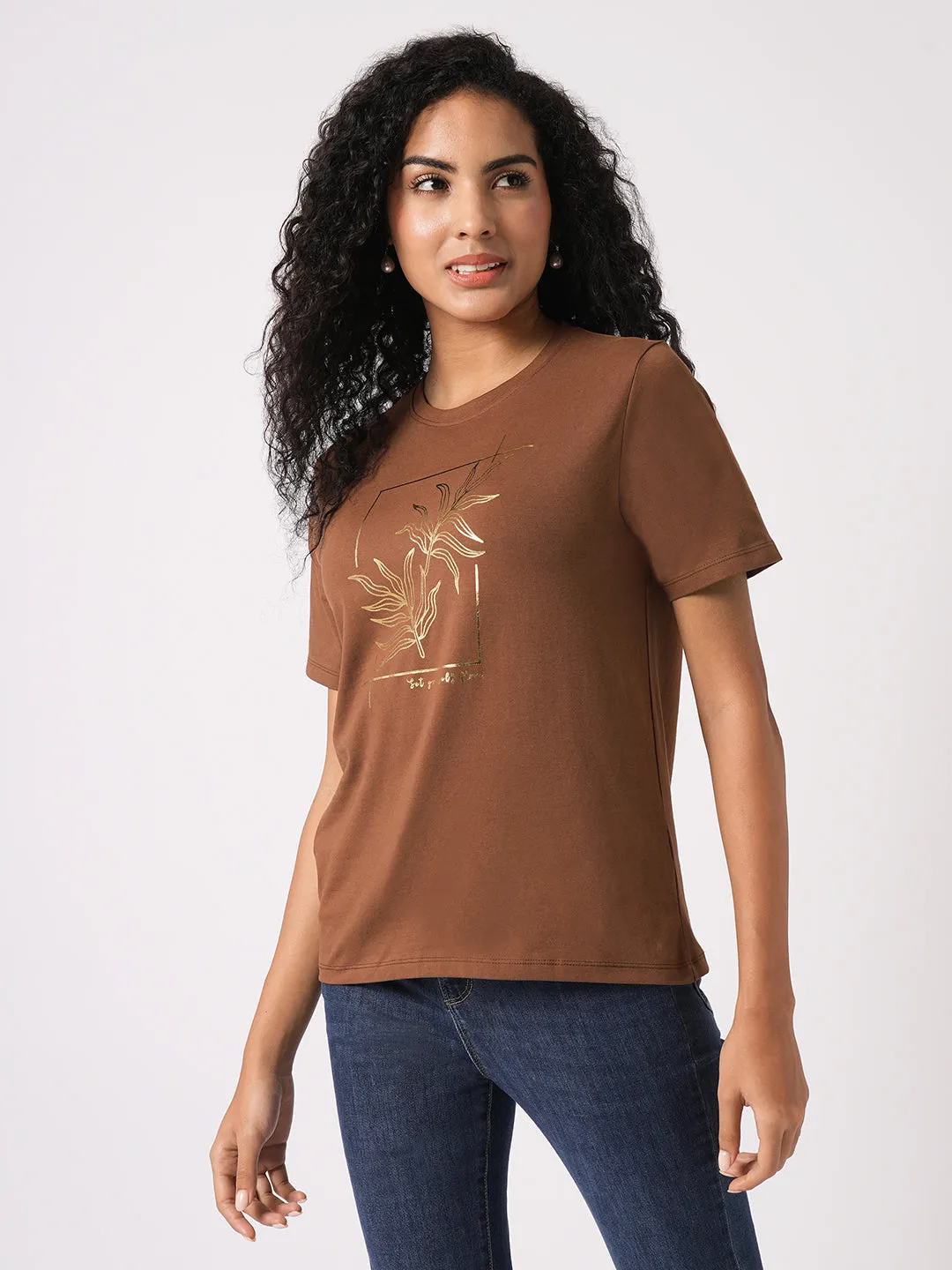 Women Slim Fit Sepia Boxy T-Shirt Chest Print