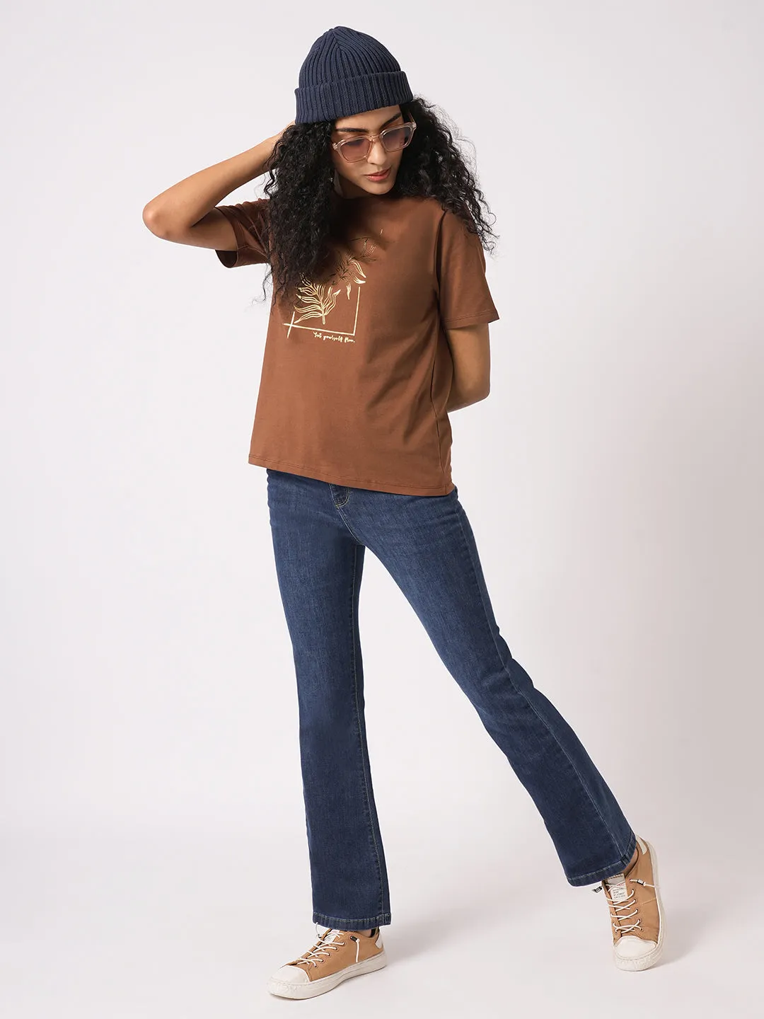 Women Slim Fit Sepia Boxy T-Shirt Chest Print