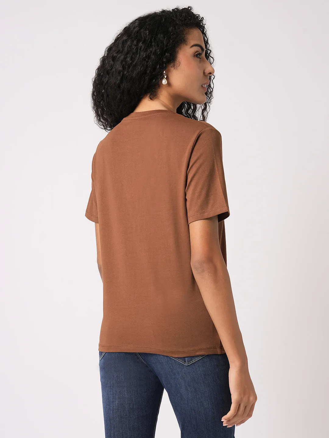 Women Slim Fit Sepia Boxy T-Shirt Chest Print
