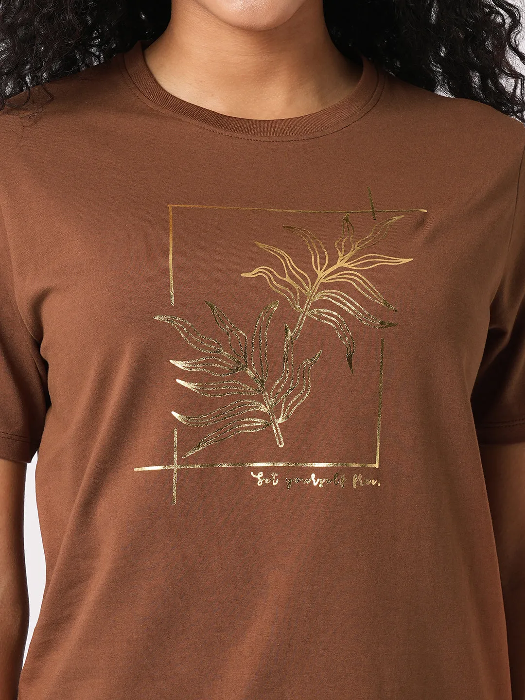 Women Slim Fit Sepia Boxy T-Shirt Chest Print