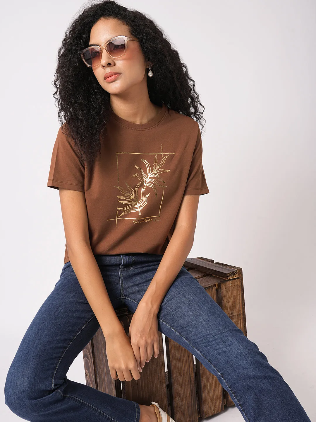Women Slim Fit Sepia Boxy T-Shirt Chest Print
