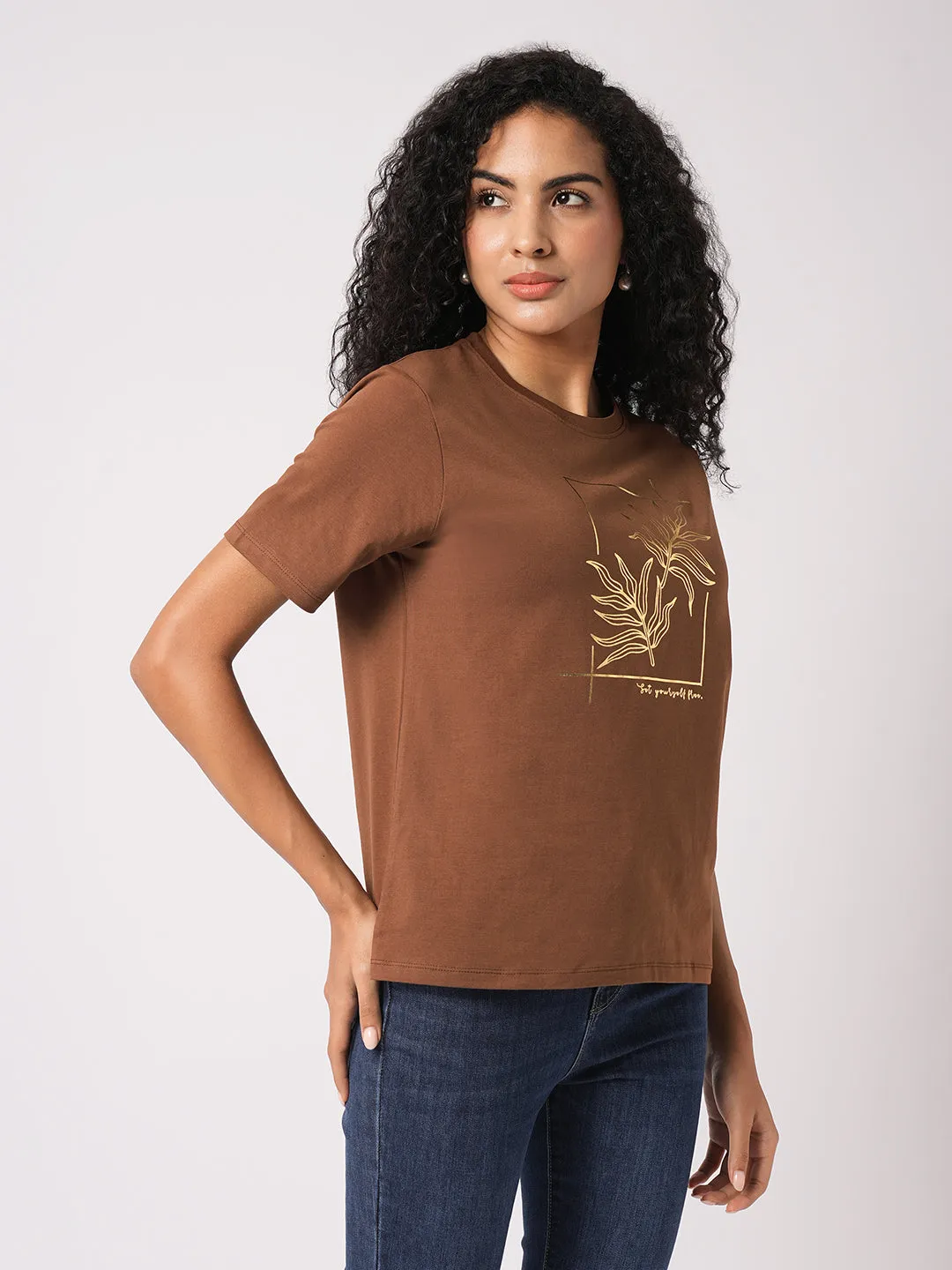 Women Slim Fit Sepia Boxy T-Shirt Chest Print