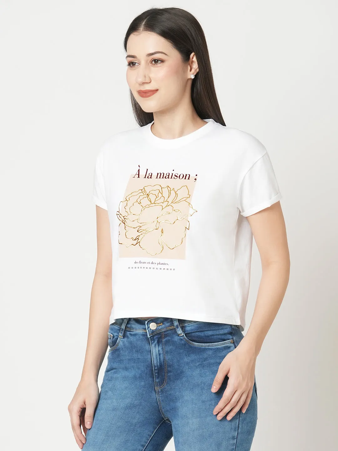 Women Slim Fit White Crop Chest Print T-Shirt