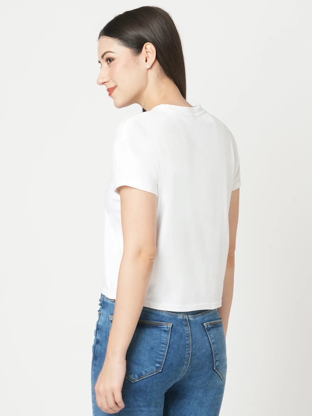 Women Slim Fit White Crop Chest Print T-Shirt