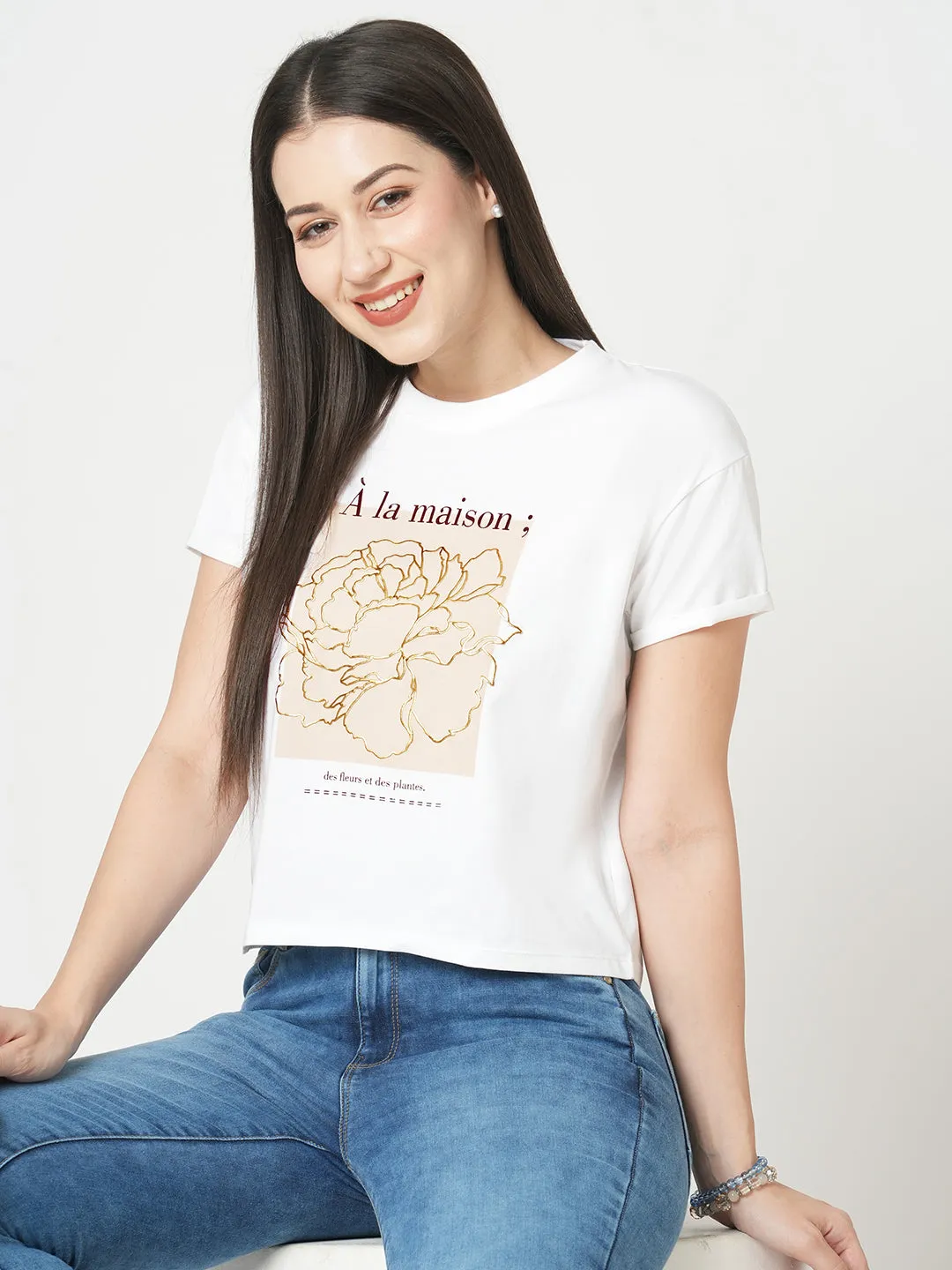 Women Slim Fit White Crop Chest Print T-Shirt