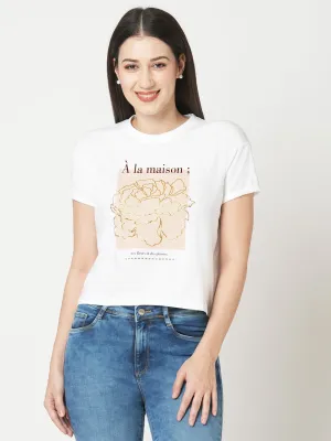 Women Slim Fit White Crop Chest Print T-Shirt