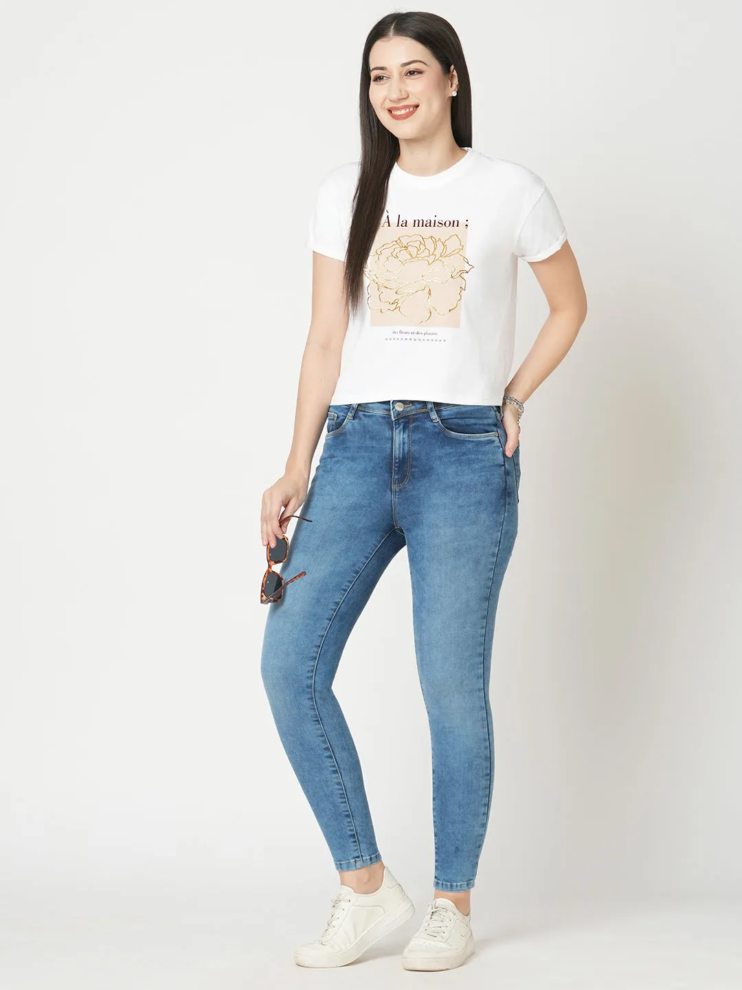 Women Slim Fit White Crop Chest Print T-Shirt