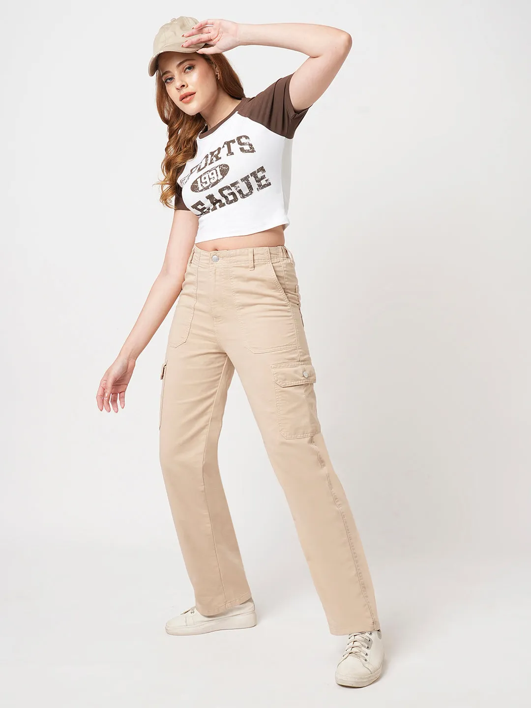 Women Slim Fit White/Brown Genz T-Shirt