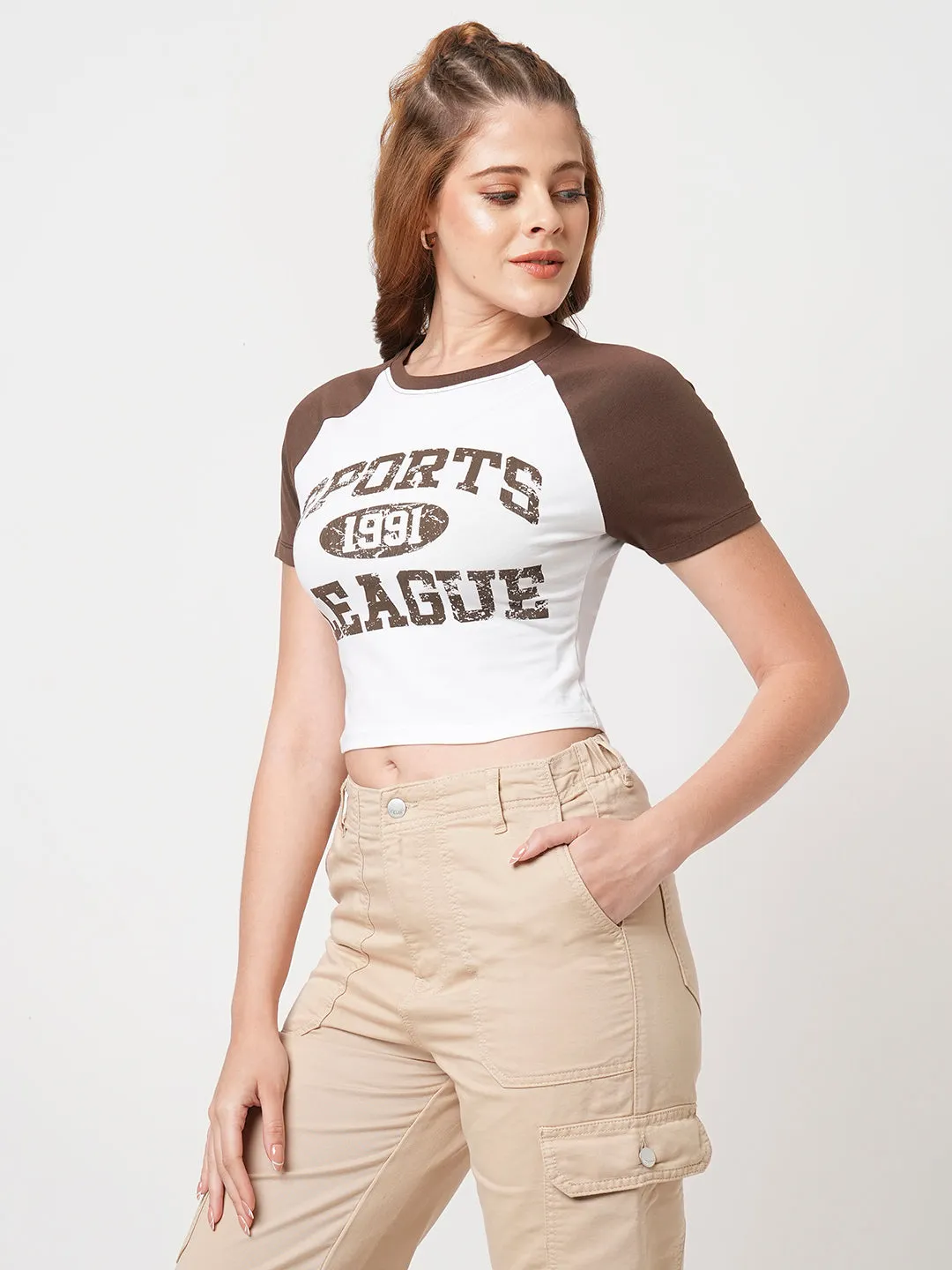Women Slim Fit White/Brown Genz T-Shirt