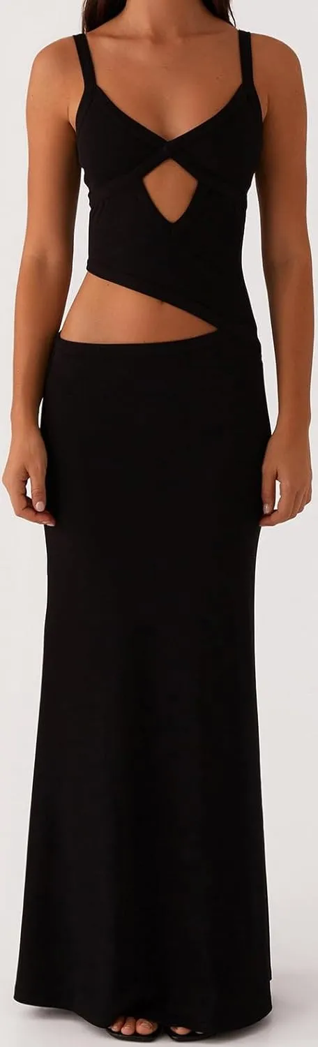 Women Spaghetti Strap Cut Out Maxi Dress Sleeveless V-Neck Backless Hollow Dress Elegant Bodycon Cocktail Dresses