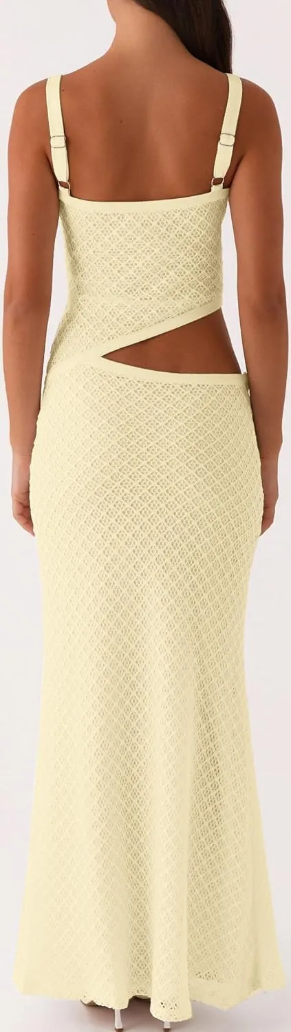 Women Spaghetti Strap Cut Out Maxi Dress Sleeveless V-Neck Backless Hollow Dress Elegant Bodycon Cocktail Dresses