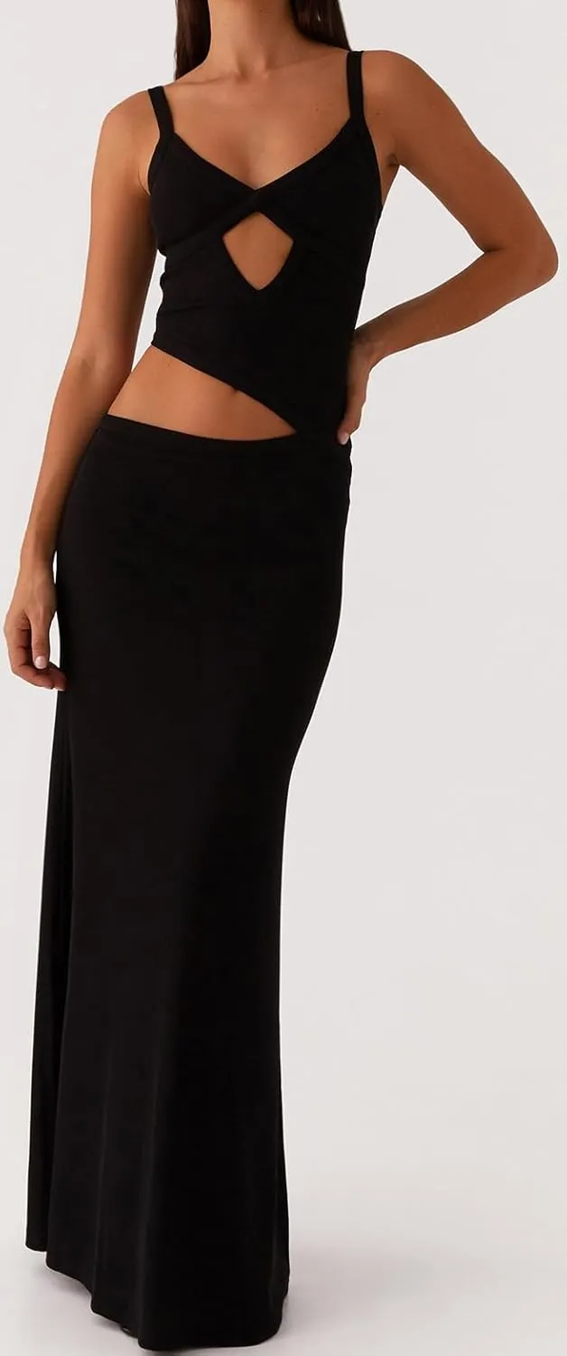 Women Spaghetti Strap Cut Out Maxi Dress Sleeveless V-Neck Backless Hollow Dress Elegant Bodycon Cocktail Dresses