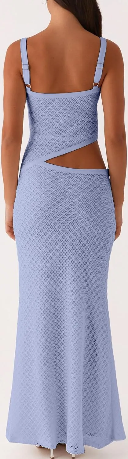 Women Spaghetti Strap Cut Out Maxi Dress Sleeveless V-Neck Backless Hollow Dress Elegant Bodycon Cocktail Dresses