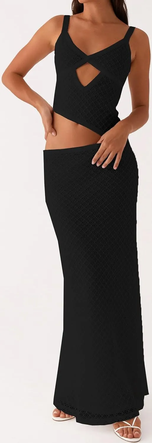Women Spaghetti Strap Cut Out Maxi Dress Sleeveless V-Neck Backless Hollow Dress Elegant Bodycon Cocktail Dresses