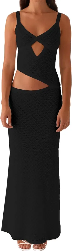 Women Spaghetti Strap Cut Out Maxi Dress Sleeveless V-Neck Backless Hollow Dress Elegant Bodycon Cocktail Dresses