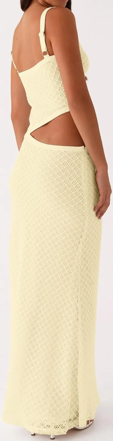 Women Spaghetti Strap Cut Out Maxi Dress Sleeveless V-Neck Backless Hollow Dress Elegant Bodycon Cocktail Dresses
