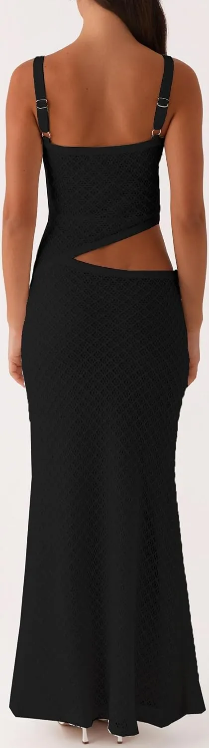 Women Spaghetti Strap Cut Out Maxi Dress Sleeveless V-Neck Backless Hollow Dress Elegant Bodycon Cocktail Dresses