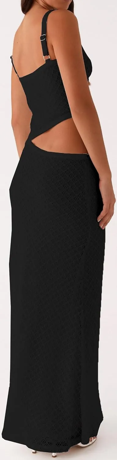 Women Spaghetti Strap Cut Out Maxi Dress Sleeveless V-Neck Backless Hollow Dress Elegant Bodycon Cocktail Dresses